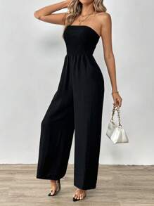 SHEIN Tall Solid Color Wide Leg Black Jumpsuit - Black - View 4