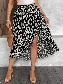 SHEIN LUNE Kích thước lớn In hoa Báo Bất đối xứng Váy Với Xù Hoa Sen Và Tách , Mùa Xuân Và Mùa hè - Đen và trắng - Xem 5