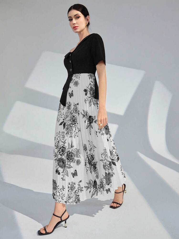 Women Floral Print Color Block Asymmetrical Shoulder Pleated Hem Arabian Dress Long Evening Dresses