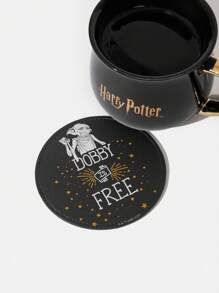HARRY POTTER X SHEIN Dobby Cartoon & Letter Printed Round Cup Coaster,Gifts - Black - View 4