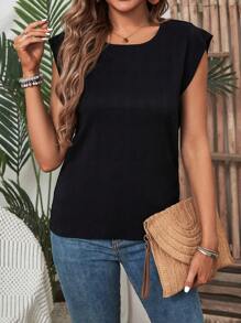 White Texture Plaid Round Neck Blouse, Summer  Women Tops - Black - View 1