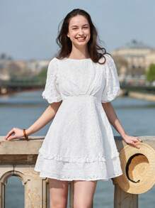 SHEIN Frenchy Summer Hollow Out Embroidery Bubble Sleeve Pleated A-Line Dress - White - View 6