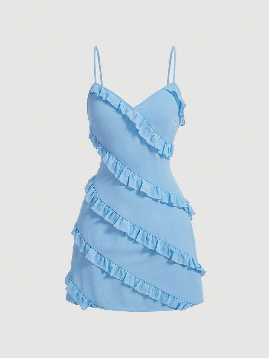 SHEIN MOD 夏季纯色休闲女式太阳裙，带荷叶边肩带 - 淺藍色 - 查看 1