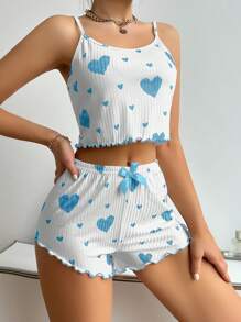 Heart Printed Camisole And Shorts Pajama Set - Blue - View 4