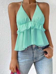 Top de tirantes de escote en V profundo con dobladillo con volantes, informal y de verano