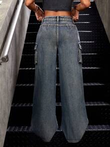 SHEIN ICON 女士時尚性感的破洞口袋設計牛仔褲