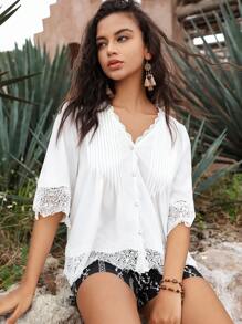 Anewsta Casual Vacation Lace Patchwork Women's White V-Neck Loose Mid-Sleeve Shirt - White - View 6