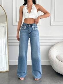 Wash Pocket Wide Leg Jeans - Medium Wash - View 6