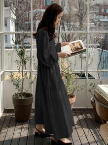 DAZY 女式春秋长袖圆领纯色宽松中长连衣裙 - 黑色 - 查看 2