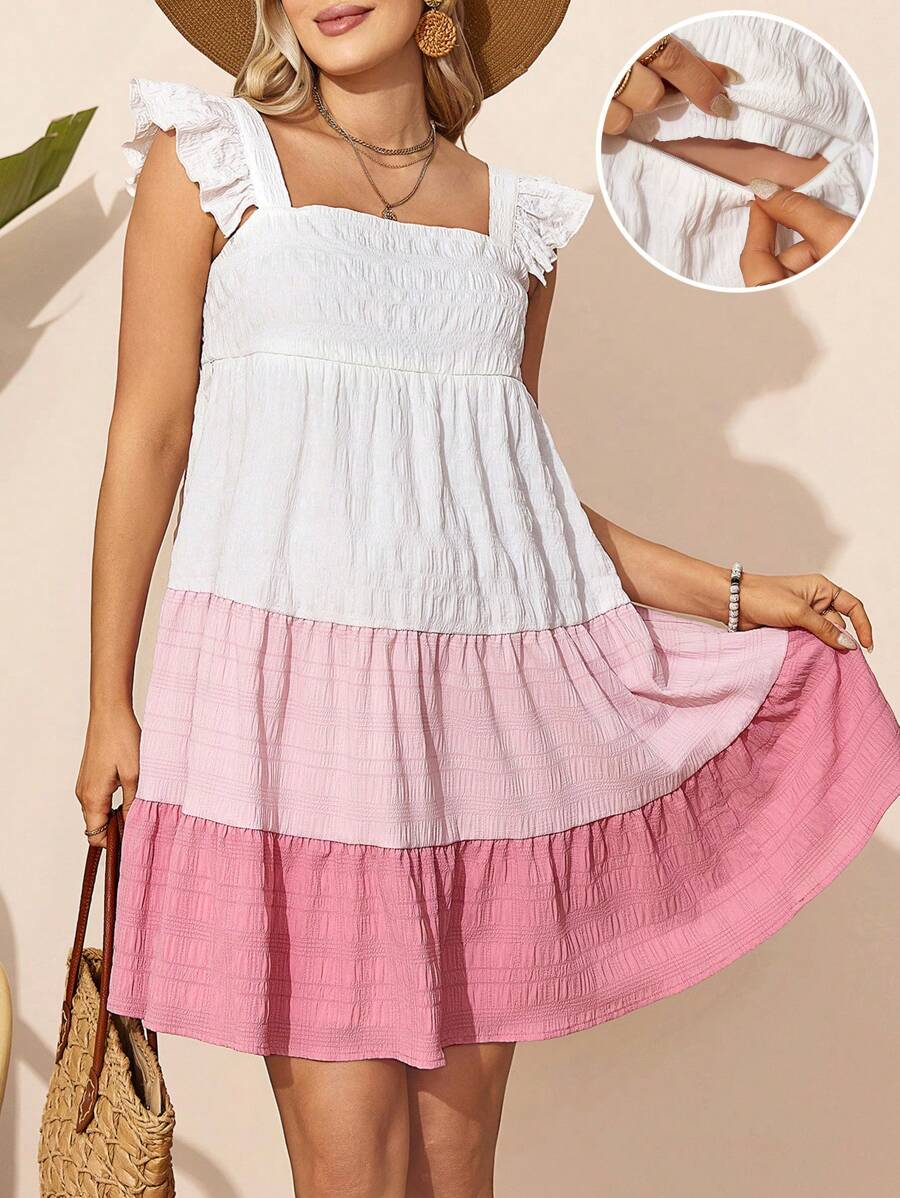 SHEIN Maternity Nursing Spaghetti Strap Color Block Ruffle Hem Dress