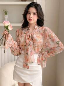 DAZY Áo sơ mi dáng rộng tay dài in hoa, bèo nhún và dây buộc, thích hợp cho kỳ nghỉ của nữ. - Hồng - Xem 3