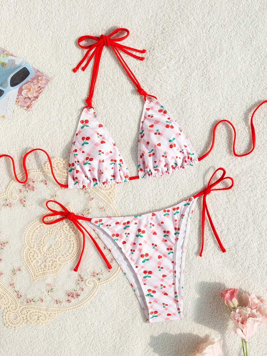 SHEIN Swim 女士时尚两件套比基尼套装带随机印花胸罩和比基尼套装下装比基尼套装适合夏季海滩 - 彩色 - 查看 1