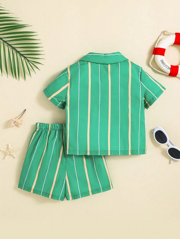 Baby Boy Striped Short Sleeve Shirt With Lapel Collar And Casual Shorts Set