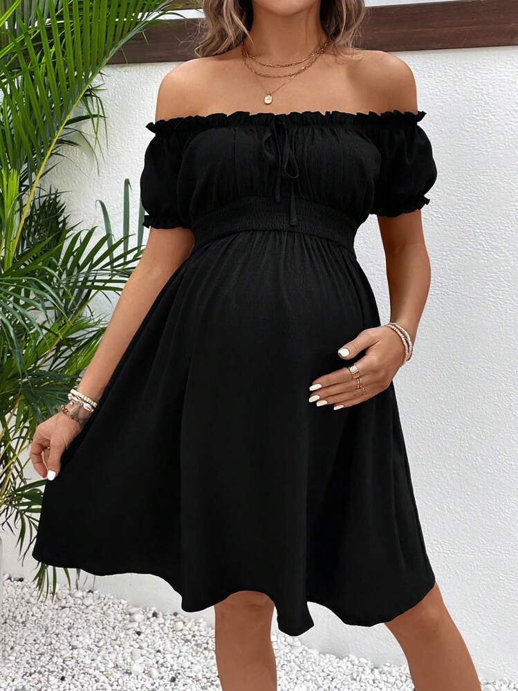 SHEIN Maternity Summer Puff Sleeve Off Shoulder Dress With Frill Ruffle - Black - View 3