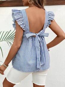 SHEIN Vertical Striped Minimalist Maternity Top With Ruffled Sleeves - Blue - View 2