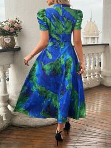 SHEIN Clasi Women's Summer V-Neck Tropical Plant Print Short Puff Sleeve Long Dress Maxi Women Outfit
