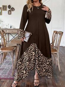 EMERY ROSE Kích thước lớn Mùa hè Vá lại In hoa Báo Viền không đối xứng Đầm - Cà phê nâu - Xem 3