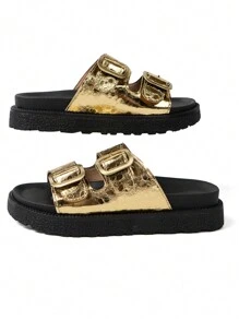 Women's Casual Creative Gold Color Platform Comfortable Slippers - Gold - View 7