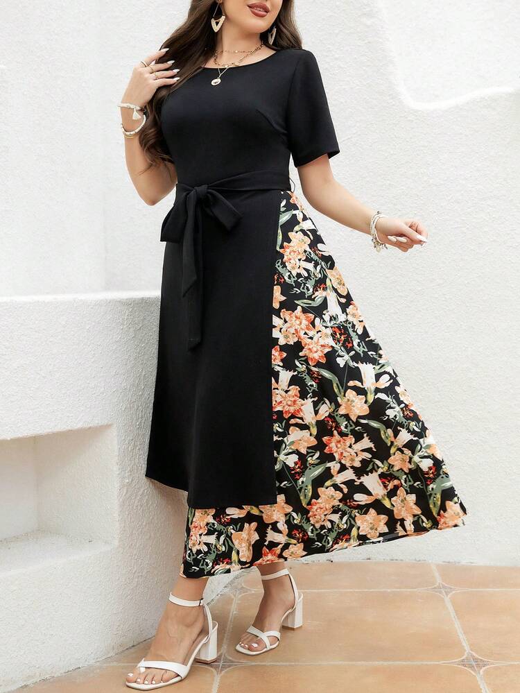 Plus Size Round Neck Floral Print Belted Asymmetrical Hem Midi Dress