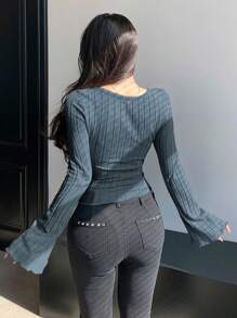 DAZY Solid Color Ribbed Knit Hollow Out Slim Fit Long Sleeve T-Shirt