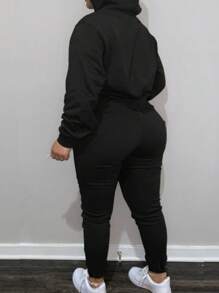 INAWLY Conjunto De Sudadera Con Capucha Y Pantalón Deportivo De Talla Grande De Color Sólido Con Cordón - Negro - Ver 2