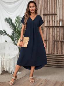 EMERY ROSE Solid Color V-Neck Batwing Sleeve Hi-Low Hem Summer Dress Long Dress Maxi Women Dresses