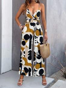 Breezaya Women's Geometric Printed Halter Jumpsuit With Flounce Hem - Yellow - View 3