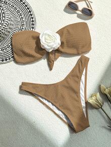 SHEIN Swim Women Fashionable Summer Holiday Style 3D Flower Bikini Set - Khaki - View 6