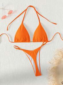 SHEIN Swim Conjunto de bikini separado de unicolor con cuello de halter simple para mujer en la playa de verano - Naranja - Ver 1