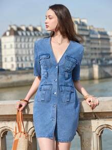 SHEIN Frenchy 女士夏季短款牛仔連身褲，工裝風格，多口袋和V領設計 - 寶藍色 - 查看 1