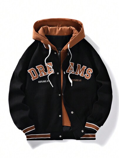 Men Plus Embroidery Letter Pattern Striped Trim Drawstring Hooded Jacket, Grunge, Fall