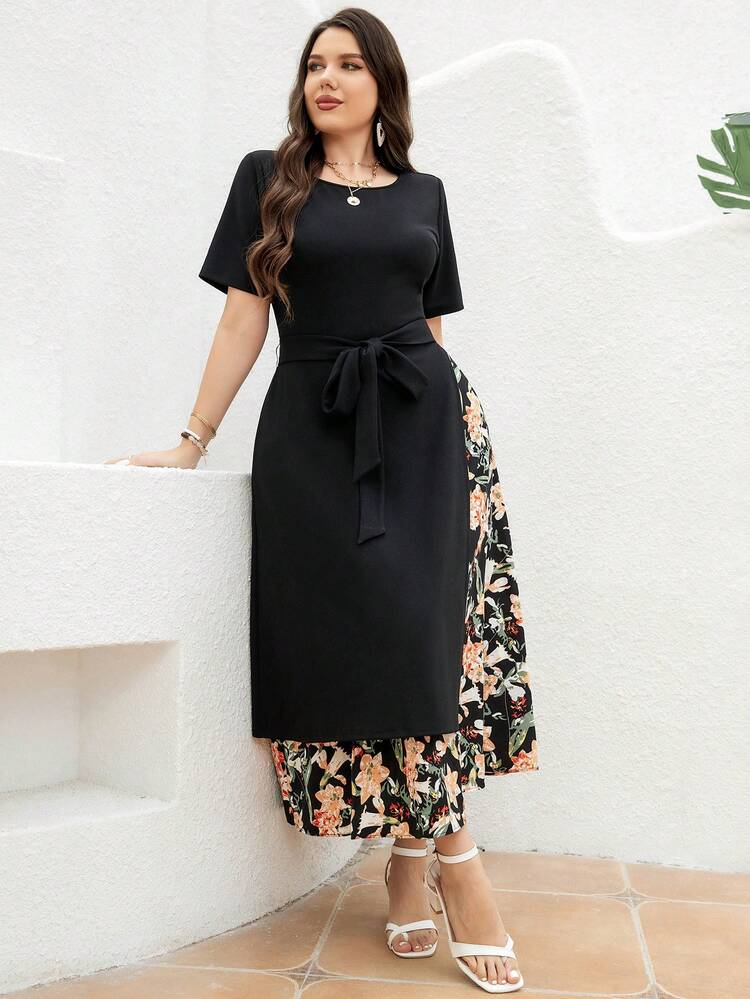 Plus Size Round Neck Floral Print Belted Asymmetrical Hem Midi Dress
