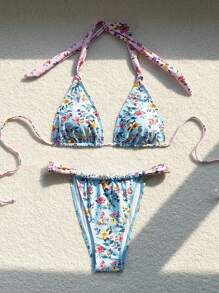 SHEIN Swim Conjunto de traje de baño bikini para mujer con estampado aleatorio dulce y de moda para verano