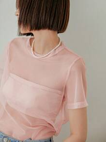 DAZY 女式夏季圆领网眼短袖透明上衣，返校服装 - 粉色 - 查看 13