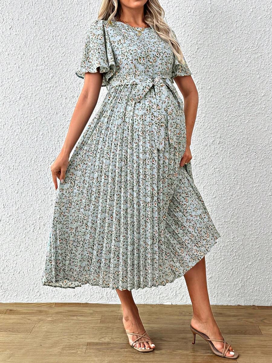 SHEIN Fashionable Printing Pleated Maternity Dress - Blue - View 1
