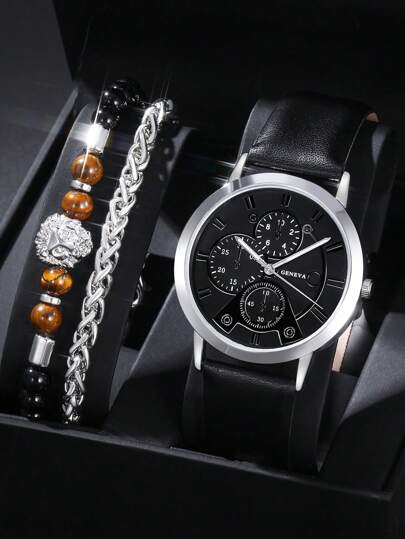 LIANDU LIANDU 一套男士时尚休闲石英圆形表盘手表和狮头串珠手链首饰套装，适合日常佩戴、生日礼物、派对、节日聚会，也是送给自己或朋友的理想礼物。不含包装盒。