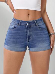 SHEIN EZwear Women Solid Color Simple Denim Shorts - Dark Wash - View 1