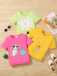 Joven niña, conjunto de 3 piezas camisetas informales de manga corta con impresión de dibujos animados y lazo en la parte delantera para primavera/verano - Multicolor - Ver 1