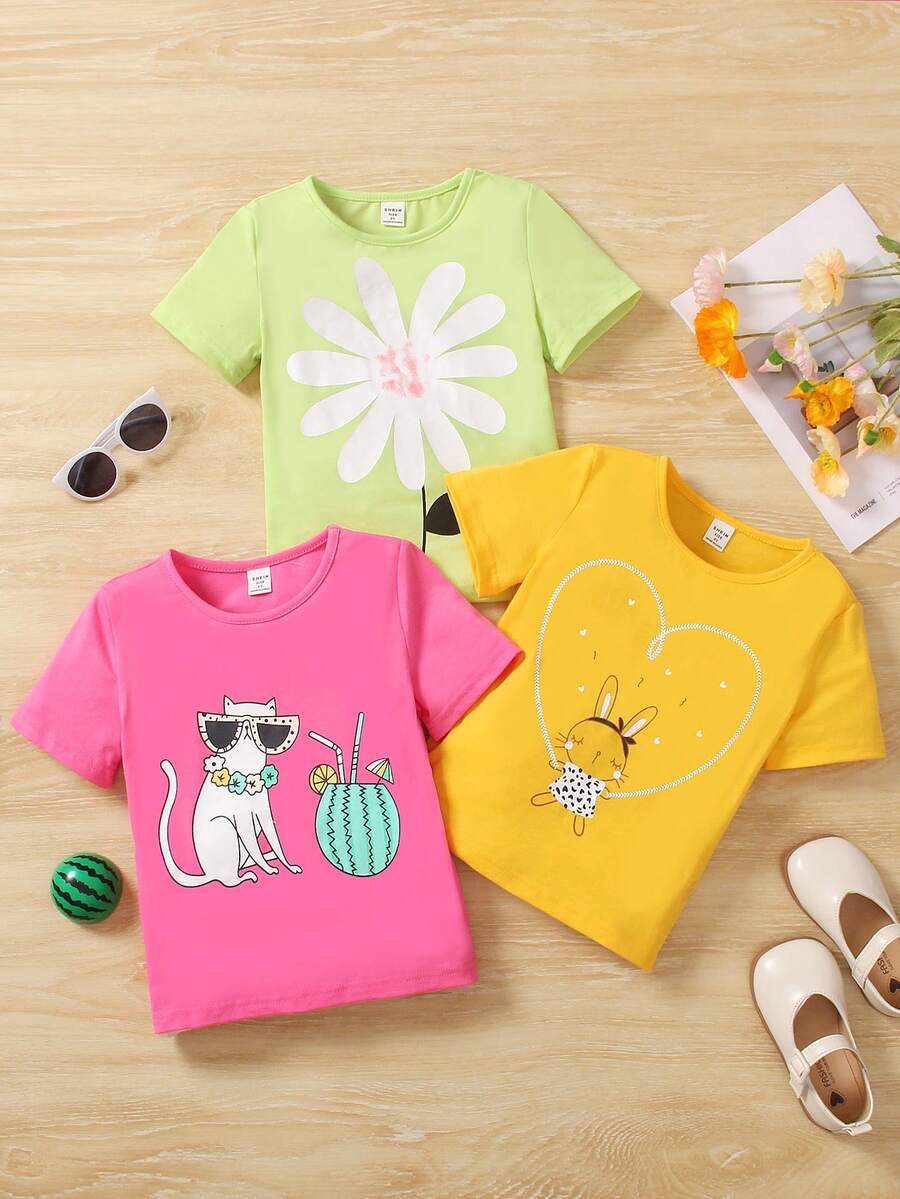 Joven niña, conjunto de 3 piezas camisetas informales de manga corta con impresión de dibujos animados y lazo en la parte delantera para primavera/verano - Multicolor - Ver 1