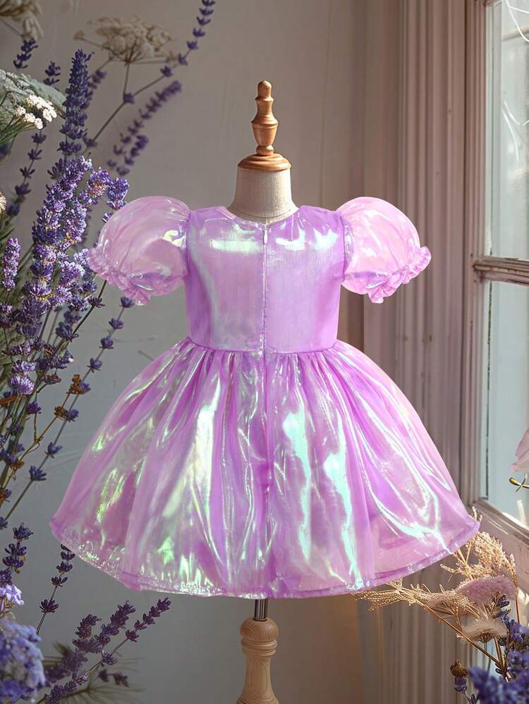 Baby Girl Fashionable Princess Dress With Puff Sleeves, Chic Butterfly Decoration, Summer