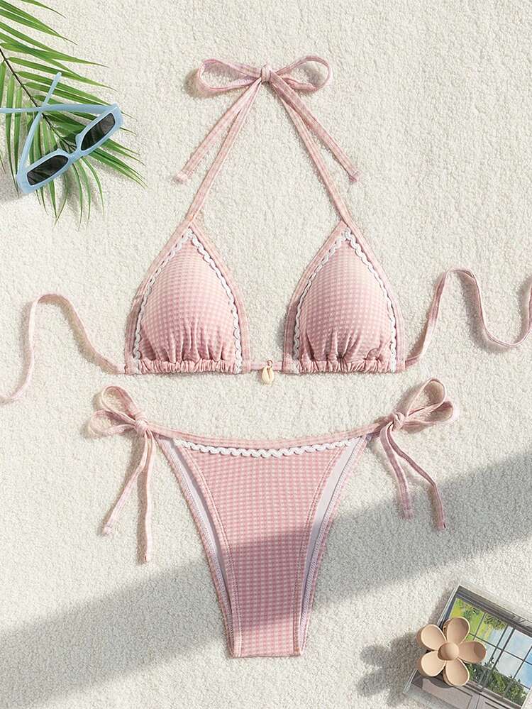 Summer Beach Gingham Print Halter Triangle Cup Bikini Set