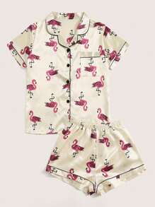 Flamingo Print Satin Pyjama Set - Beige - View 3