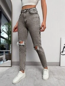 SHEIN Cottnline Slim Fit Denim Jeans With Ripped Details And Slanted Pockets - Light Grey - View 5