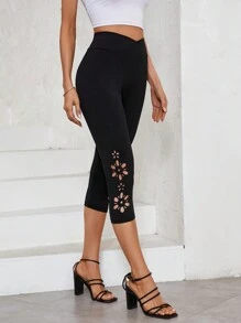 SHEIN Clasi Vòng eo chữ V Ren Hoa Xu hướng: Cắt giảm Capri Xà cạp - màu đen - Xem 7
