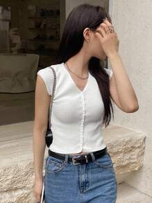 DAZY 女士實色針織修身短款上衣，V領設計，鈕扣裝飾，修身剪裁 - 白色 - 查看 3