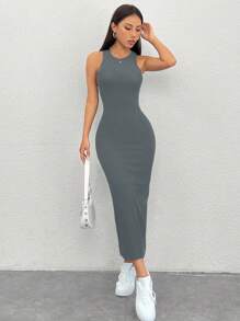 SHEIN PETITE 女性純色修身無袖夏季連衣裙 - 灰色 - 查看 6