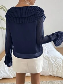 SHEIN Privé Casual V-Neck Shirt With Button Detail, Pinched Fold & Flare Sleeves, Spring - Navy Blue - View 2
