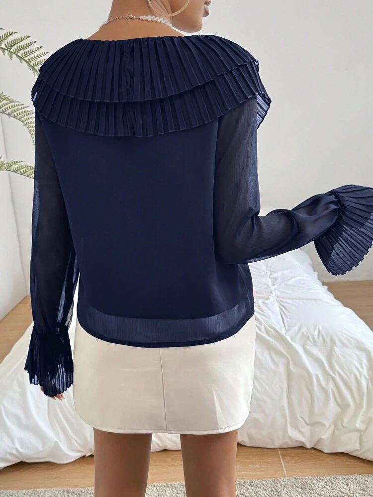 Casual V-Neck Shirt With Button Detail, Pinched Fold & Flare Sleeves, Spring