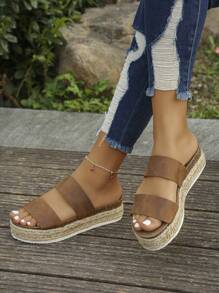 Frauen hohe Plattform modische Strohseil Sandalen für den Außenbereich - Braun - Übersicht 5