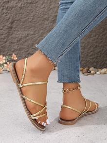 Women Rhinestone Strap Decorated Flat Sandals, Stylish, Comfortable, Multi-Functional For Outdoor Wear - Gold - View 2